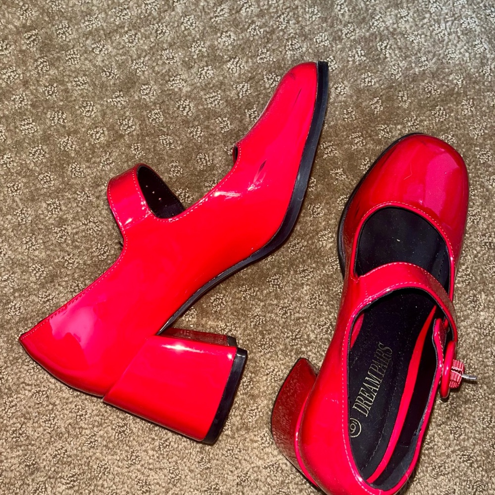 Red Chunky Heel Mary Jane Shoes